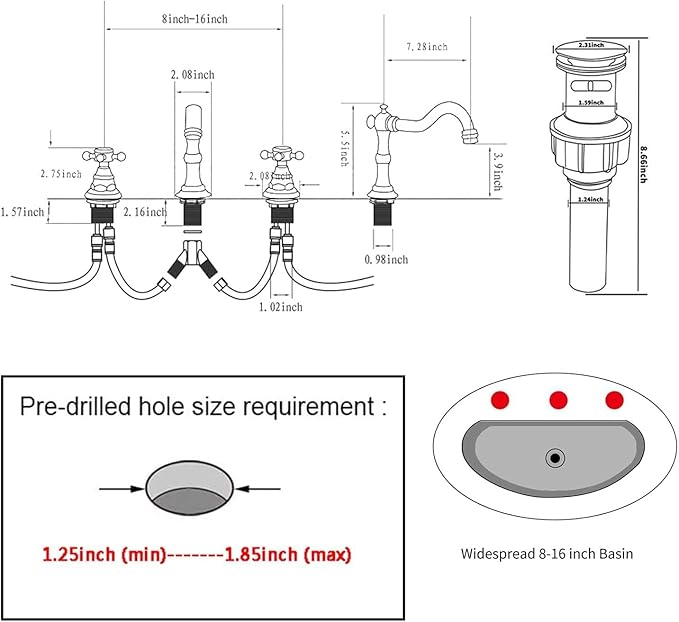 GGStudy 2 Handles 3 Holes Faucet Widespread Bathroom Sink Faucet Polished Gold Basin Tap Mixer Supply Hose Included Matching Metal Pop Up Drain