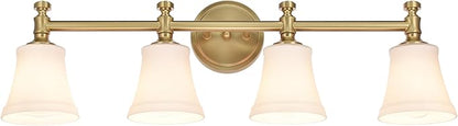 Bathroom Vanity Light Fixtures, Traditional Aged Brass 4 Lights Wall Sconce Lighting with Opal Glass Shade, Porch Wall Mount Light Fixture for Bathroom, Mirror Cabinets Hallway Stairs