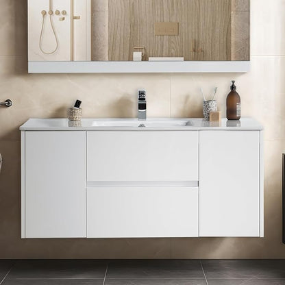Blossom 48 Inch Bathroom Vanity with Sink, Wall Mounted All-Wood Floating Bathroom Vanity Cabinet with Ceramic Sink, Vanities for Bathroom, 2 Doors & Soft-Closing U-Shaped Drawers, Glossy White