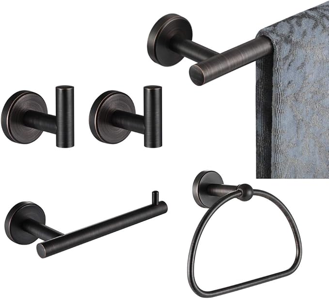 JQK Bathroom Hardware Set Oil Rubbed Bronze, 5-Piece Bath Accessories Set ORB Wall Mount includes 24 in Towel Bar, 7 in Towel Ring, Toilet Paper Holder, 2 Towel Hooks, BAS165-ORB