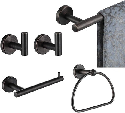 JQK Bathroom Hardware Set Oil Rubbed Bronze, 5-Piece Bath Accessories Set ORB Wall Mount includes 24 in Towel Bar, 7 in Towel Ring, Toilet Paper Holder, 2 Towel Hooks, BAS165-ORB