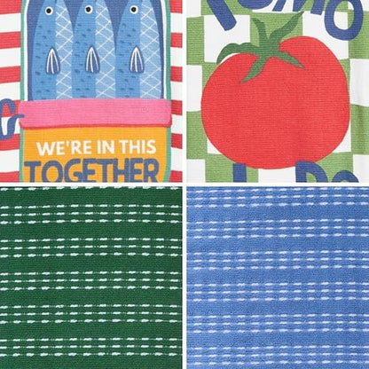 Ritz 4-Piece Kitchen Towel Set, Sardines & Pomodoro Tomato Prints with Pine Green & Blue Textured Terry, 100% Cotton & Absorbent Blend, 16" x 26", Vintage Italian Inspired Foodie Kitchen Decor