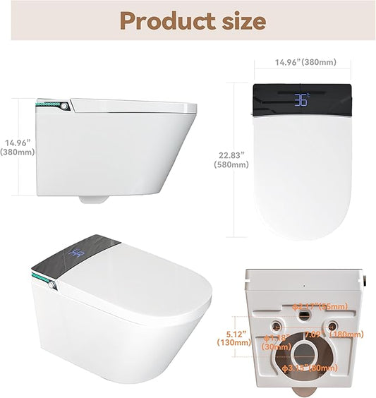 MEJE #MZE014P - Intelligent Wall-Hung Toilet, One-piece Elongated Smart Toilet with Bidet Built in,Heated Seat, Warm Air Dryer,Auto Flush, Auto Open and Close, Remote Control, Night Light, White