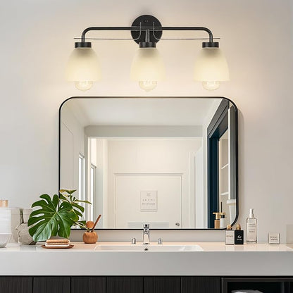 3-Light Black Bathroom Light Fixture,21 Inch Mid-Century Modern Vanity Lights for Bathroom with Frosted White Bell Shades, Industrial Wall Sconce for Mirror Over Vanity, Bedroom, Hallway