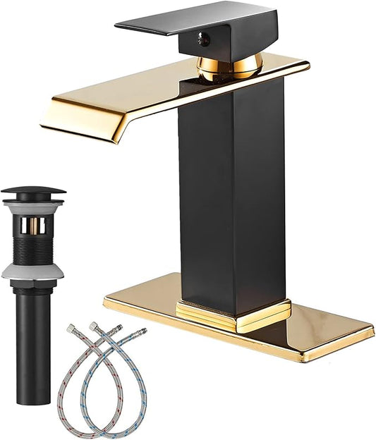 Black Gold Bathroom Faucets Waterfall Spout Basin Sink Faucet with Overflow Drain Assembly Single Handle Bathroom Vanity Sink Faucet with Deck Plate 1-3 Holes Vanity Lavatory Deck Mounted Farmhouse