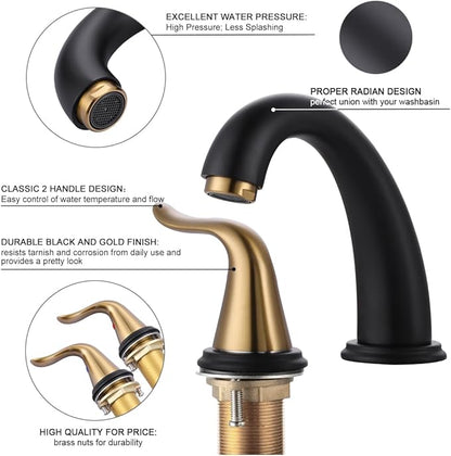 WOWOW Black and Gold Widespread Bathroom Faucet Bathroom Sink Faucet 3 Hole Vanity 2 Handle Basin 8 Inch Mixer Tap with Pop Up Drain and Supply Hose