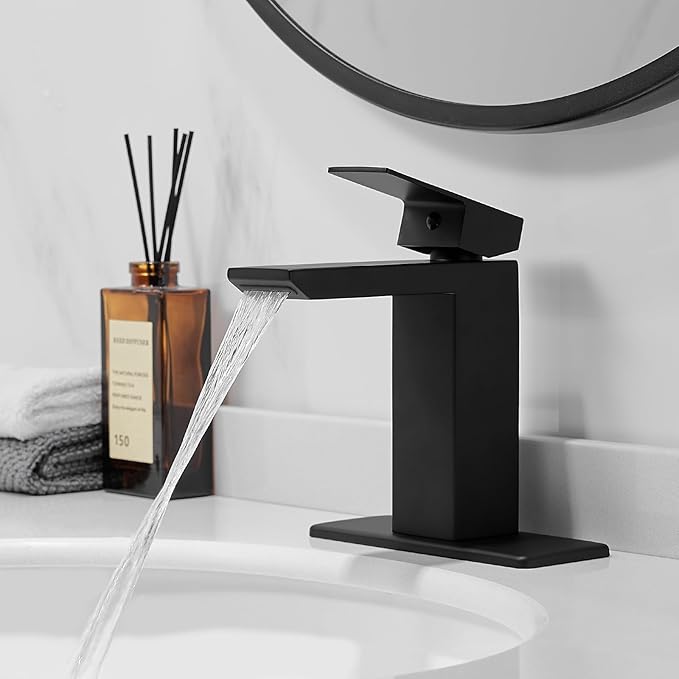 RUMOSE Matte Black Bathroom Faucets Set with Pop Up Drain Single Handle Bathroom Sink Faucet 1 & 3 Hole Waterfall Spout Vanity Faucet Kit with Deck Plate Rv Lavatory Basin Faucet, Stainless Steel