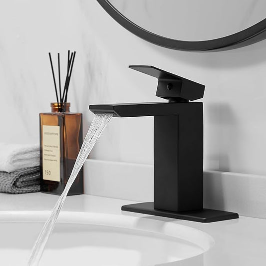 RUMOSE Matte Black Bathroom Faucets Set with Pop Up Drain Single Handle Bathroom Sink Faucet 1 & 3 Hole Waterfall Spout Vanity Faucet Kit with Deck Plate Rv Lavatory Basin Faucet, Stainless Steel