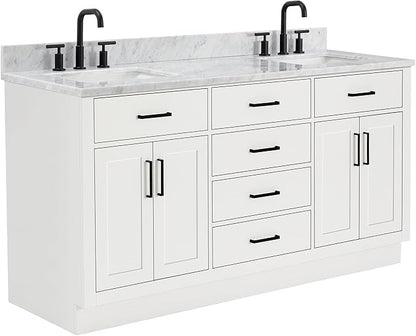 ARIEL Hepburn 66-inch Bathroom Vanity with Sink,Solid Wood, 0.75-inch Italian Carrara Marble Countertop, Double Rectangular Porcelain Sink, 4 Soft Closing Doors, 6 Dovetail Drawers, White