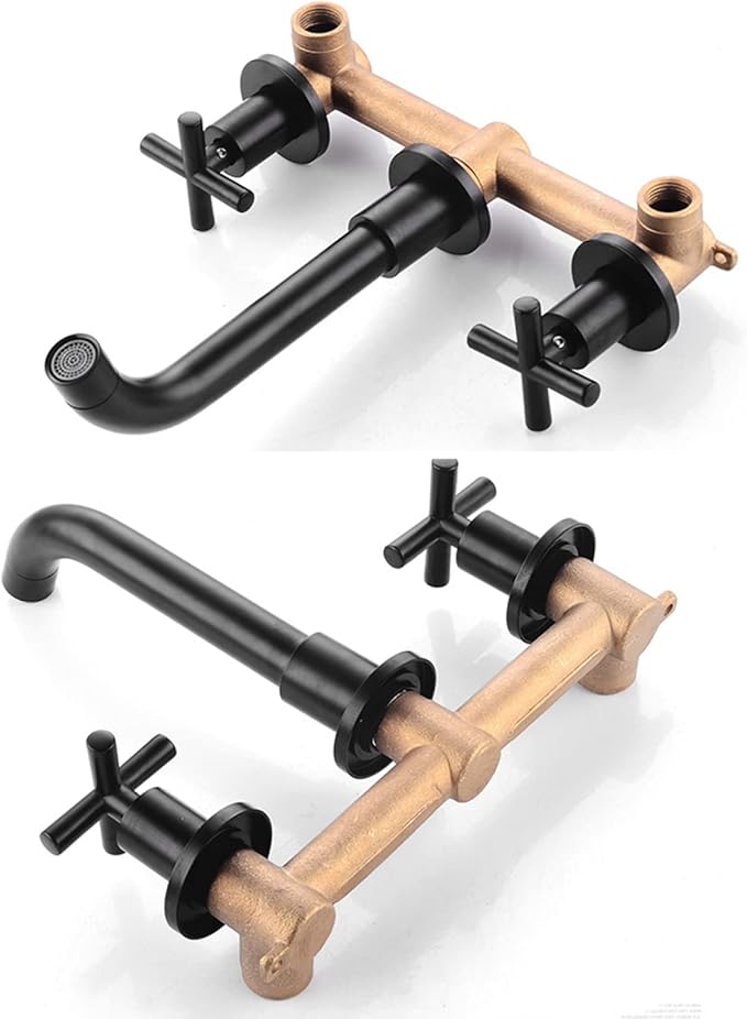 Wall Mounted Bathroom Faucet,Double Cross Handles Lavatory Basin Sink Mixing, Mount Brass,Hot and Cold Water Mixer Tap,Gold(Black)