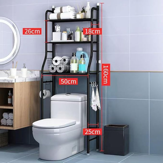 Over The Toilet Storage, 3-Tier Metal Over Toilet Organizer Rack, Freestanding Above Over Toilet Storage Shelf with Hooks and Paper Holder for Bathroom, Black