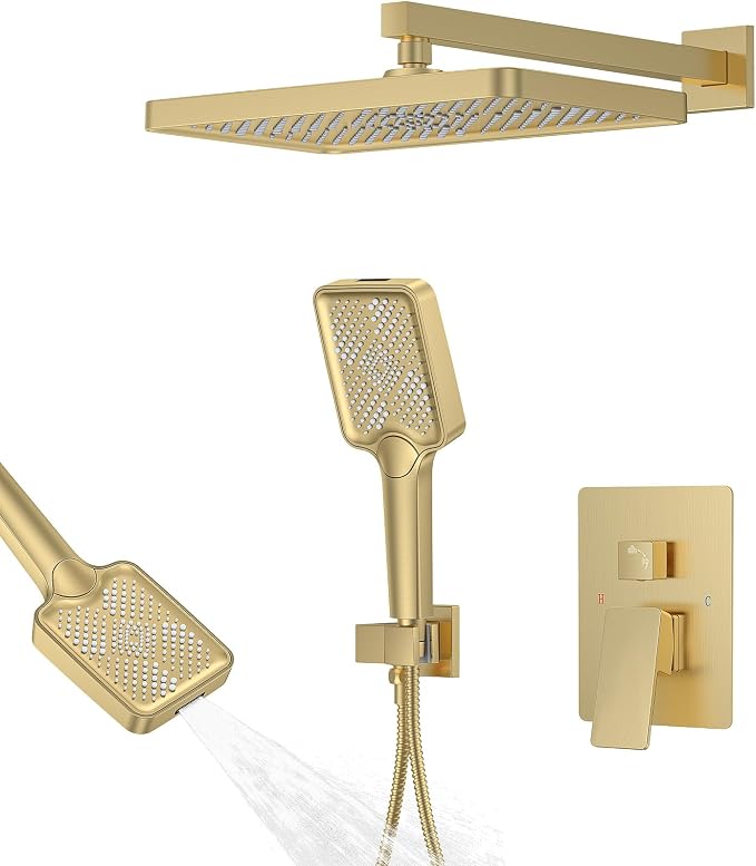 Shower System 13-Inch Rainfall Shower Head - 3 Setting Handheld Sprayer, Complete Bathroom Set with Faucet Mixer Trim Kit & Valve Brushed Gold