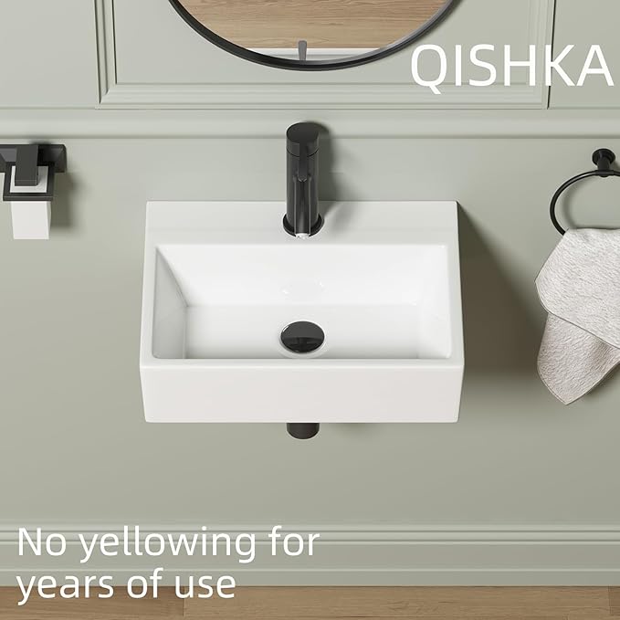 Wall Mounted Bathroom Vessel Sink, QISHKA 19" X 14" Rectangular Floating Ceramic Wash Hand Basin White Wall Hung Vanity Sink for Bathroom and Cloakroom