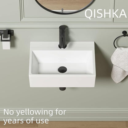 Wall Mounted Bathroom Vessel Sink, QISHKA 19" X 14" Rectangular Floating Ceramic Wash Hand Basin White Wall Hung Vanity Sink for Bathroom and Cloakroom