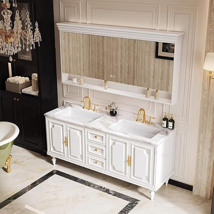 Bathroom Vanity with Single/Double Sink,Smart Defogging Mirror and Cabinet,48-92IN French Elegant Style Solid Wood Floor Standing Vanity