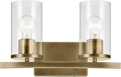 Kichler Crosby 15.25" 2-Light Vanity Light with Clear Glass in Natural Brass, for Bathroom, Powder Room, (15.25" x 8.75"), 45496NBRCLR
