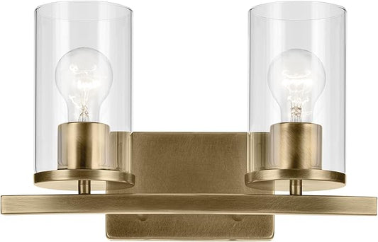 Kichler Crosby 15.25" 2-Light Vanity Light with Clear Glass in Natural Brass, for Bathroom, Powder Room, (15.25" x 8.75"), 45496NBRCLR