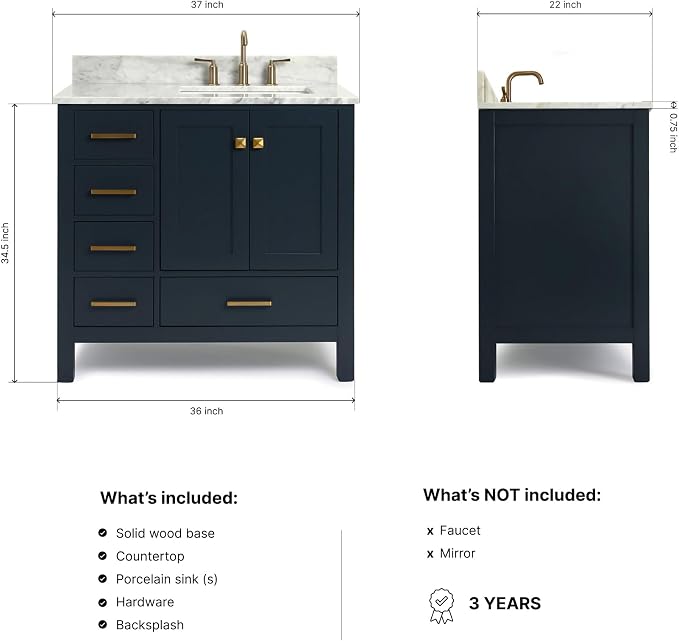 ARIEL Cambridge 36-inch Bathroom Vanity with Sink,Solid Wood, 0.75-inch Italian Carrara Marble Countertop, Single Rectangular Porcelain Sink, 2 Soft Closing Doors, 5 Dovetail Drawers, Midnight Blue