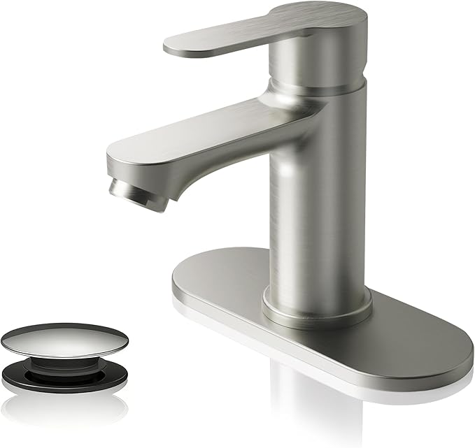 BELZ Nickel Bathroom Faucet, Lead-Free for 1 or 3 Hole 4" Vanity Sink | NSF372 Compliant,Anti-peeling PVD Finish,Includes Pop-up Drain & Hoses,Single Handle Modern Design, Easy DIY Install
