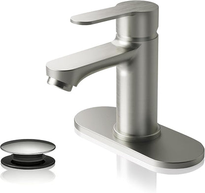 BELZ Nickel Bathroom Faucet, Lead-Free for 1 or 3 Hole 4" Vanity Sink | NSF372 Compliant,Anti-peeling PVD Finish,Includes Pop-up Drain & Hoses,Single Handle Modern Design, Easy DIY Install