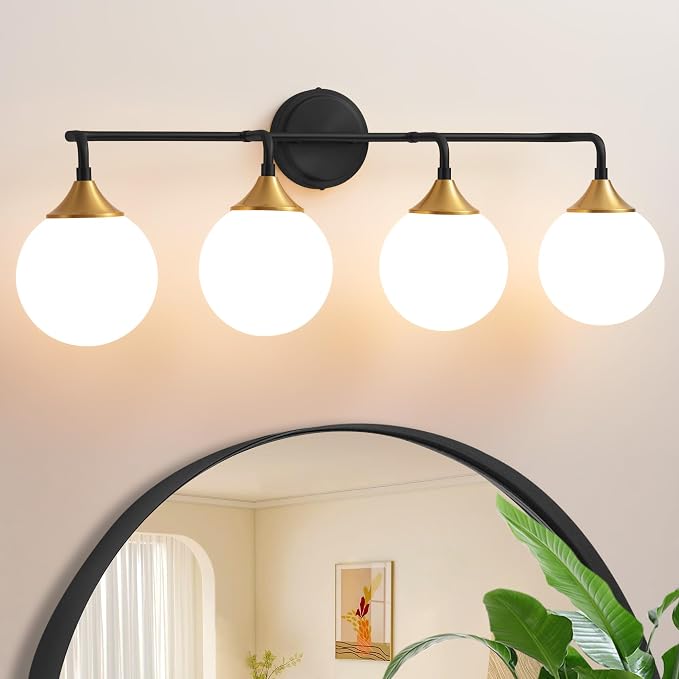 Black Gold Bathroom Light Fixtures Over Mirror Vanity 4-Light | Mid Century Modern Matte Black Gold Wall Sconce with Milky White Glass Ball Shades for for Bathroom Dressing Table Bedroom
