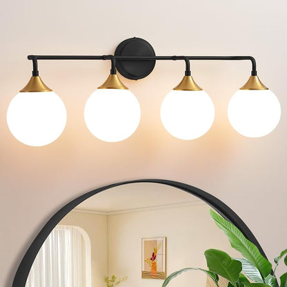 Black Gold Bathroom Light Fixtures Over Mirror Vanity 4-Light | Mid Century Modern Matte Black Gold Wall Sconce with Milky White Glass Ball Shades for for Bathroom Dressing Table Bedroom