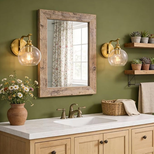 Brushed Gold Bathroom Light Fixtures, Brass Vanity Lights for Mirror, 1-Light Bathroom Wall Sconces Lighting with Globe Clear Shade Up or Down Wall Mounted for Kitchen, Living Room, Hallway