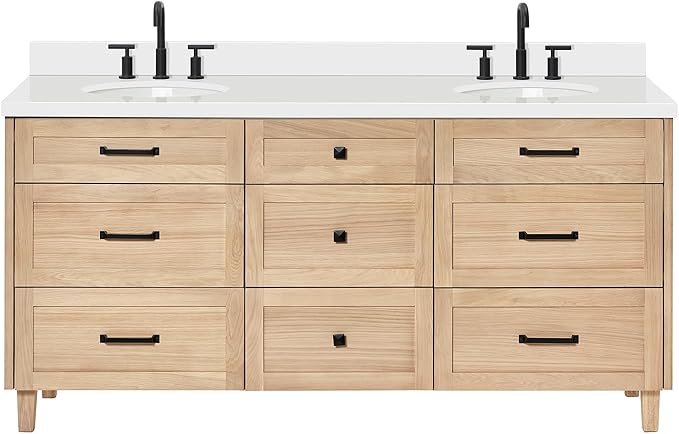 ARIEL Monroe 72-inch Bathroom Vanity with Sink,Solid Wood, 1.5-inch Pure White Quartz Countertop & Backsplash, Double Rectangular Porcelain Sink, 9 Dovetail Drawers, Matte Black, White Oak
