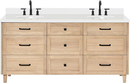 ARIEL Monroe 72-inch Bathroom Vanity with Sink,Solid Wood, 1.5-inch Pure White Quartz Countertop & Backsplash, Double Rectangular Porcelain Sink, 9 Dovetail Drawers, Matte Black, White Oak