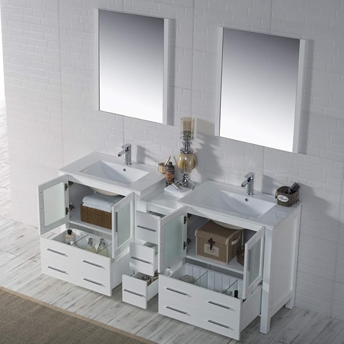 Blossom 72" Solid Wood Double Sink Bathroom Vanity with Side Cabinet | Glossy White Master Bath Furniture | Anti-Warp Painted Finish, Soft-Close Full Extension Drawers & Tempered Glass Modern Style