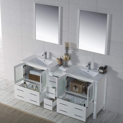 Blossom 72" Solid Wood Double Sink Bathroom Vanity with Side Cabinet | Glossy White Master Bath Furniture | Anti-Warp Painted Finish, Soft-Close Full Extension Drawers & Tempered Glass Modern Style