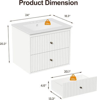 RoyalCraft 24'' Bathroom Vanity with Sink Combo, Wall Mounted Floating Sink Cabinet with 2 Hidden Damping Drawers, Grooved Stripe Design Bathroom Ceramic Sink Cabinet, White