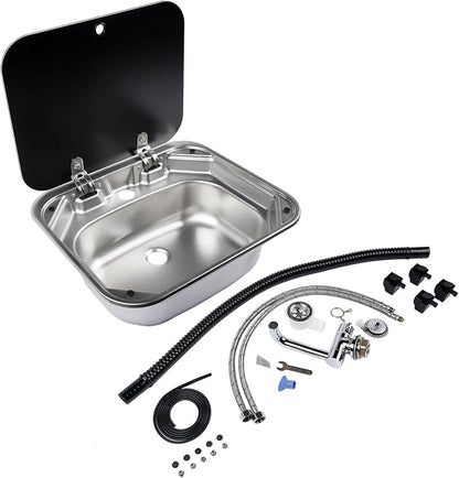 RV Sink Stainless Steel Hand Wash Basin with Folding Lid and Faucet | Tempered Glass Lid, Hot&Cold Faucet, Single Bowl Drop-In Basin Sink for RV Camper Caravan Boat Home, 16.5" x 14.3" x 6.3"
