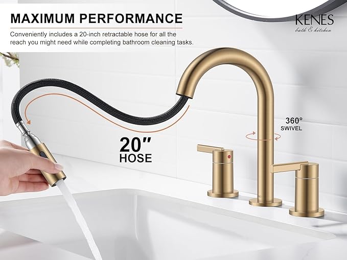 KENES Champagne Bronze Pull Down Bathroom Faucet, 8 Inch 2 Handle Widespread Bathroom Faucet 3 Hole with Pull Out Sprayer, Bathroom Vanity Faucet with Pop Up Drain & Supply Lines LJ-9068-CB