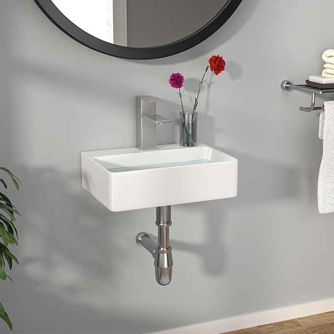 Floating Bathroom Sink Wall Mounted - Rectangle Vessel Sink 14" x 10" Small Modern Bathroom Wall Hung Sink White Porcelain Ceramic Vessel Vanity Sinks with Faucet Hole