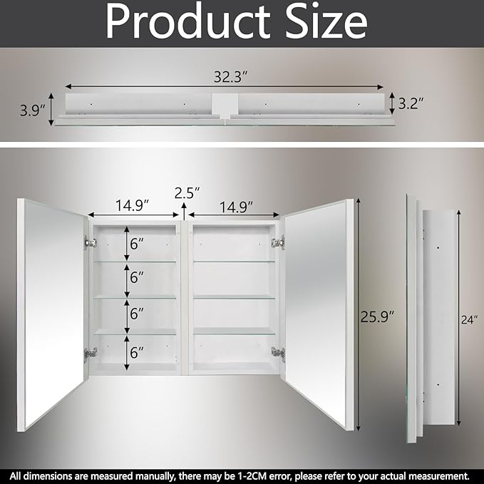 Mirror Cabinet, Simple&Beautiful, Large Storage Space, Matte White for Bathroom Vanity (CS5001-3226)