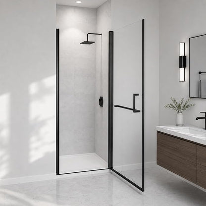 34-35.2" W x 72" H Single Frameless Pivot Swing Shower Door | 1/4" Clear SGCC Tempered Glass with a 30.2" walk-in opening, Matte Black Finish, Adjustable Width, Reversible Installation