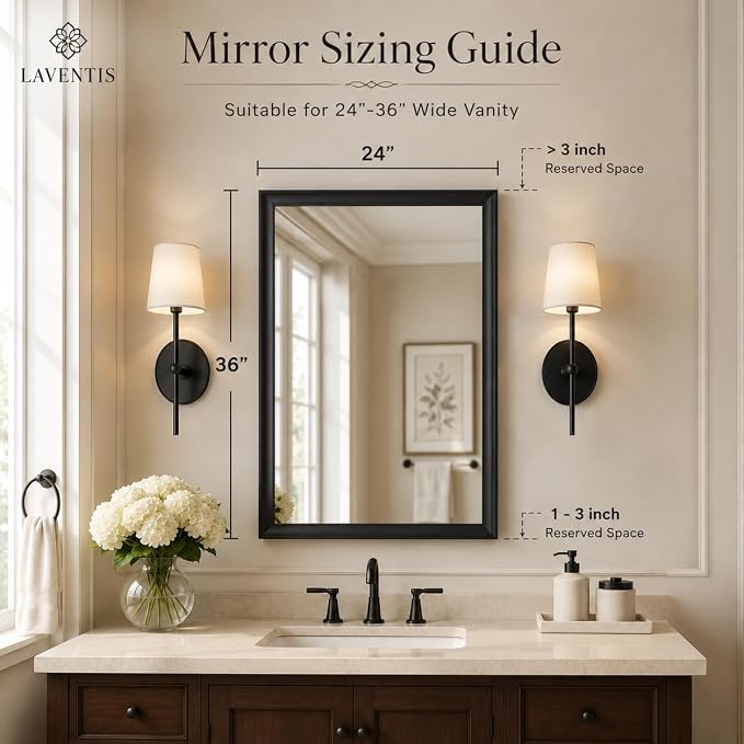 24x36 Inch Matte Black Bathroom Mirrors for Over Sink | Curved Aluminum Frame Rectangular Vanity Mirror, HD Tempered Glass, Rust-Resistant Wall Mirror for Bedroom & Entryway