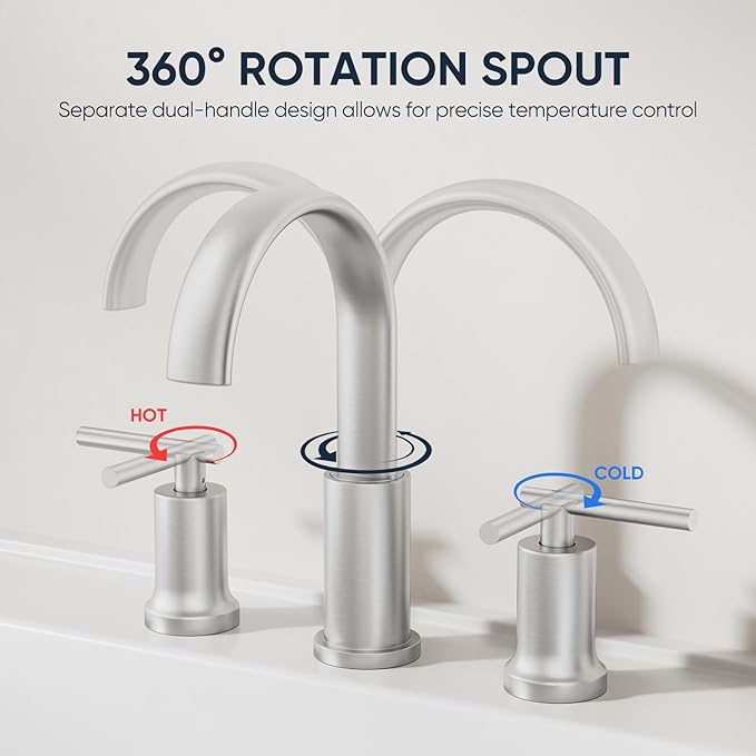 Brushed Nickel Waterfall Bathroom Faucet 3 Hole, Widespread Two Handle Bathroom Sink Faucet Vanity Faucet, 8 Inch Bathroom Faucets for Sink with cUPC Supply Lines and Pop-Up Drain