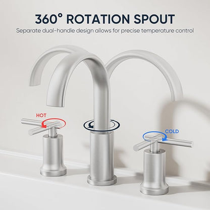Brushed Nickel Waterfall Bathroom Faucet 3 Hole, Widespread Two Handle Bathroom Sink Faucet Vanity Faucet, 8 Inch Bathroom Faucets for Sink with cUPC Supply Lines and Pop-Up Drain