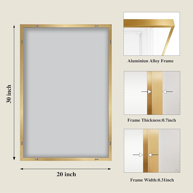 Koonmi Gold Rectangle Wall Mirror, 20x30 Inch Bathroom Mirror, Aluminum Frame Vanity Mirror for Entryway, Living Room, Bedroom Bathroom, Hangs Horizontally or Vertically