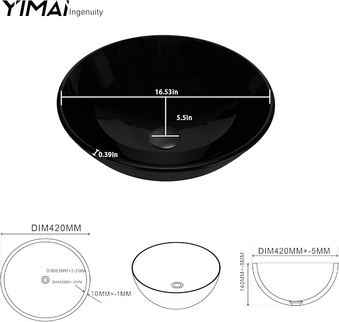 YIMAI Black Glass Vessel Sink 16.5" x 16.5" x 5.5" – Tempered Glass Above Counter Round Bathroom Sink Bowl Countertop Modern Sinks with Faucet and Drain Combo, Easy Install for Master or Powder Room