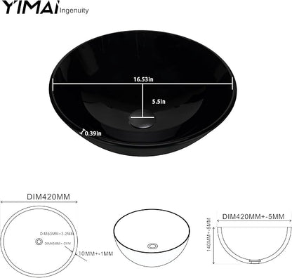 YIMAI Black Glass Vessel Sink 16.5" x 16.5" x 5.5" – Tempered Glass Above Counter Round Bathroom Sink Bowl Countertop Modern Sinks with Faucet and Drain Combo, Easy Install for Master or Powder Room