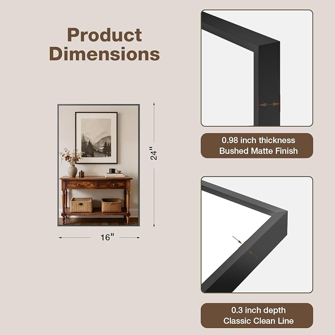 MZON 16" x 24" Matte Black Bathroom Vanity Mirror, Mirror for Over Sink | Aluminum Alloy Frame, Clear Reflection, Rust-Resistant, Vertical or Horizontal, Wall Mount, Bedroom and Entryway