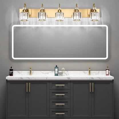 Ralbay Crystal Vanity Lights 5-Lights Brass Gold Over Mirror Modern Bathroom Wall Lighting Fixtures