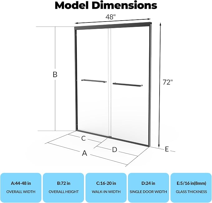 Shower Door 44-48" W x 72" H, Frameless Shower Door, Double Sliding Glass with 5/16" (8mm) Clear Tempered Glass for Bathroom