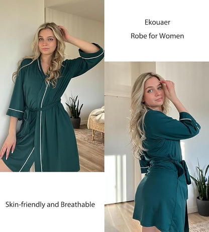 Ekouaer Women Kimono Robes Knee Length Knit Bathrobe Lightweight Soft Sleepwear V-neck Casual Ladies Loungewear