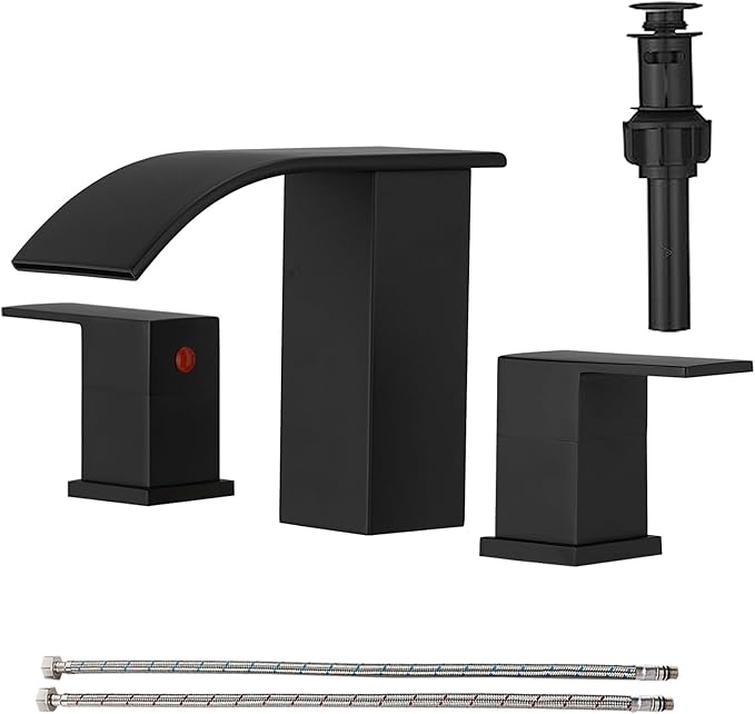 RUMOSE 8 inch Bathroom Faucets Set Matte Black Bathroom Sink Faucet 3 Hole with Pop Up Drain Widespread 2 Handles Stainless Steel Lavatory Vanity Faucet Waterfall Spout Deck Mounted