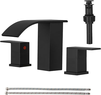 RUMOSE 8 inch Bathroom Faucets Set Matte Black Bathroom Sink Faucet 3 Hole with Pop Up Drain Widespread 2 Handles Stainless Steel Lavatory Vanity Faucet Waterfall Spout Deck Mounted