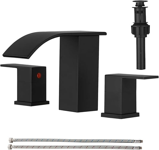 RUMOSE 8 inch Bathroom Faucets Set Matte Black Bathroom Sink Faucet 3 Hole with Pop Up Drain Widespread 2 Handles Stainless Steel Lavatory Vanity Faucet Waterfall Spout Deck Mounted